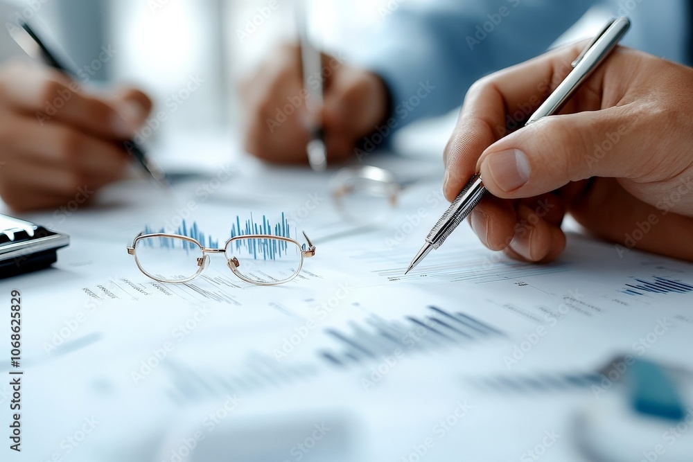 Poster hands holding pens point at financial documents adorned with graphs while glasses rest on the table 