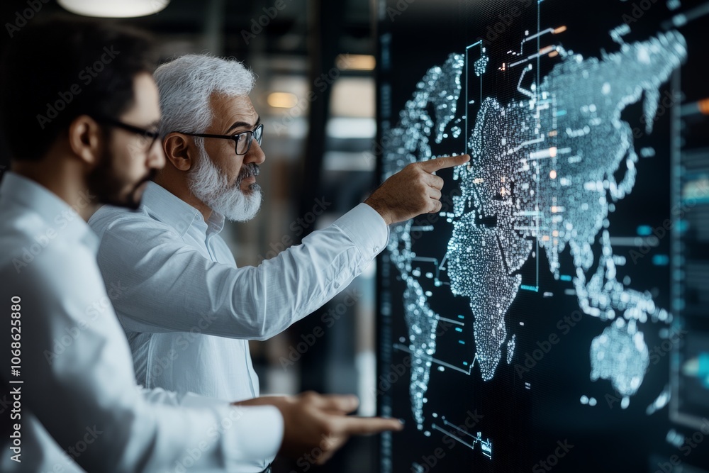 Poster two experts deeply engaged in analyzing a digital world map displayed on a large screen, highlightin