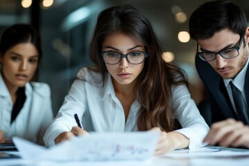 Concentrated young professionals intensely review documents, some writing notes, in an office setting, demonstrating focus and commitment to their work.