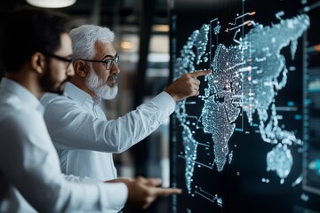 Two experts deeply engaged in analyzing a digital world map displayed on a large screen, highlighting their focus on geographical data and connectivity.