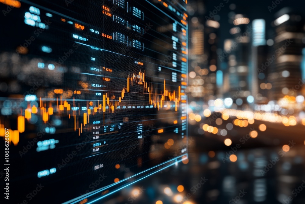 Aufkleber a digital financial chart displaying data points and trends against a blurred cityscape background, 