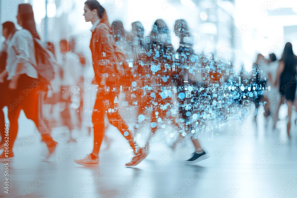 Poster a digital graphic overlay on a crowd of people walking, symbolizing the intersection of human behavi