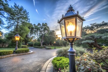 Stunning Architectural Photography of a Vintage Street Lamp Illuminating a Serene Park Pathway at Dusk, Showcasing Beautiful Surroundings and Warm Glow for Urban Landscape and Nature Lovers