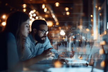 Two people collaborate intensely at a computer displaying a digital chart, within a warmly lit tech environment, highlighting teamwork, innovation, and technology trends.