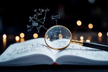 A magnifying glass highlighting mathematical equations in an open book, suggesting scientific inquiry and the pursuit of knowledge amidst twinkling lights. - Powered by Adobe