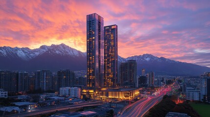 Naklejka premium ** Stunning Urban Skyline at Sunset with Illuminated Skyscrapers and Mountain Backdrop in Vibrant Cityscape..**