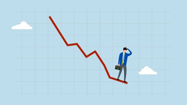 Economic recession, 4k animation of Businessman investor watches as red graph falls, searching for the bottom. 