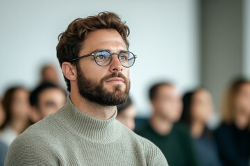 Obraz premium A focused man with glasses sits in a seminar, listening intently in a professional setting, surrounded by an attentive audience in a modern conference room.