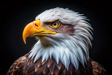 Obraz premium Stunning Bald Eagle Portrait on Black Background - Majestic Wildlife Photography, Bird of Prey, Nature, Conservation, Wildlife Art, Avian Beauty, Captivating Close-Up, American Symbol