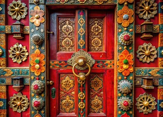 Fototapeta premium Stunning Bhutanese Red Wooden Door with Golden Knob - Vibrant Urban Exploration and Architectural Photography