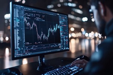 A professional works on stock analysis at a computer station against a lively urban night backdrop, capturing the essence of city energy and financial strategy.