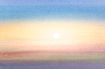 Painting of a sunset with a sun in the sky