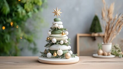 A decorative Christmas tree made from stacked stones, adorned with golden and white ornaments, set against a soft, blurred background with greenery.
