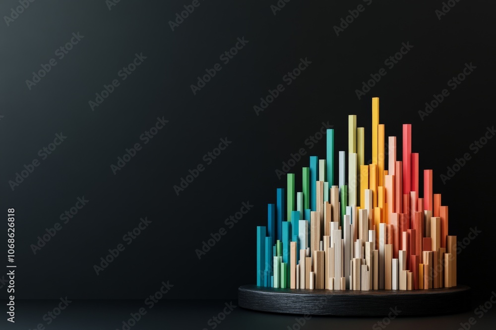 Poster a multi-colored cylindrical sculpture with varied lengths is displayed on a dark surface, creatively
