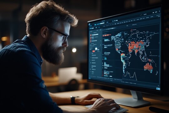 A professional analyzing detailed map data on a widescreen monitor in a dimly lit office, highlighting data analysis and digital mapping technology.