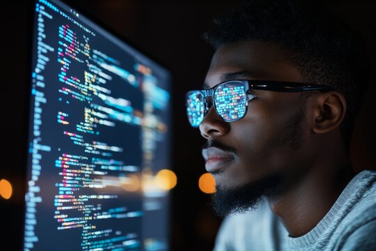 Close-up of a programmer with code reflecting on glasses, depicting focus and immersion in coding and software development during a late-night session.