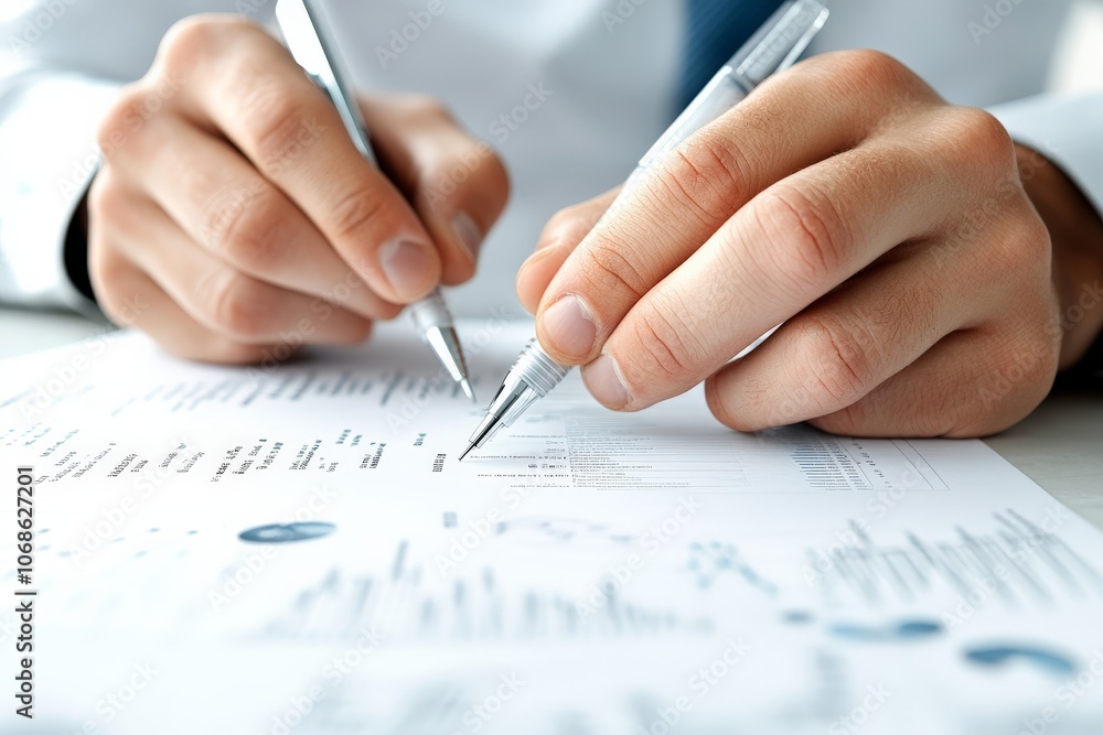 Poster close-up of two sets of hands engaging in a business meeting, examining and annotating documents fil