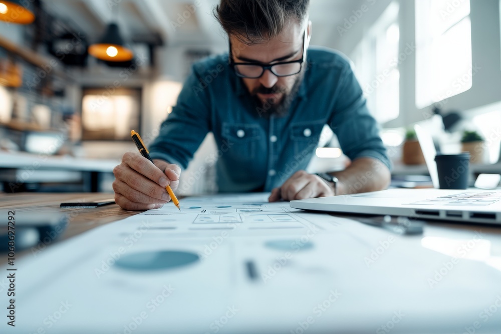 Poster a professional immersed in working on data printouts, highlighting meticulous attention to details a