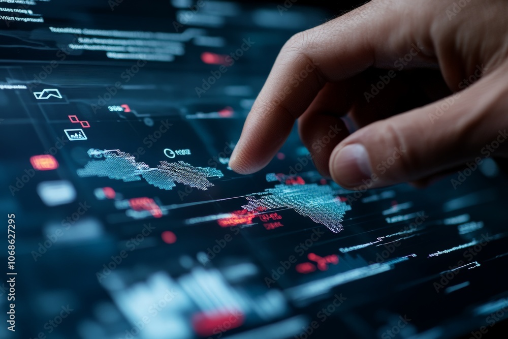 Poster a hand interacts with a high-tech touch screen displaying various vibrant charts and data analytics,
