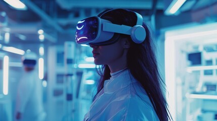 Woman in virtual reality lab wearing VR headset exploring immersive digital world futuristic lab environment filled with tech devices creative exploration of digital boundaries modern