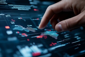 A hand interacts with a high-tech touch screen displaying various vibrant charts and data analytics, symbolizing modern technology and efficient data handling.
