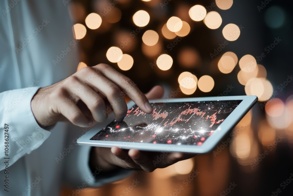 Poster an elegant hand interacts with a glowing tablet displaying red financial graphs, in a setting with b