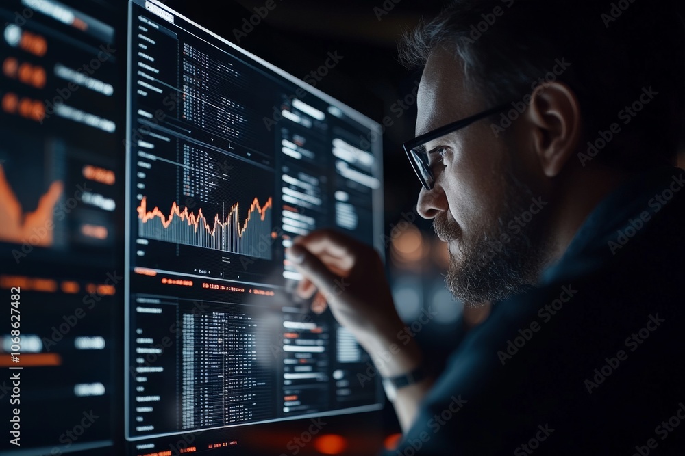 Poster a man with glasses intently analyzes stock market data on a computer screen, highlighting real-time 