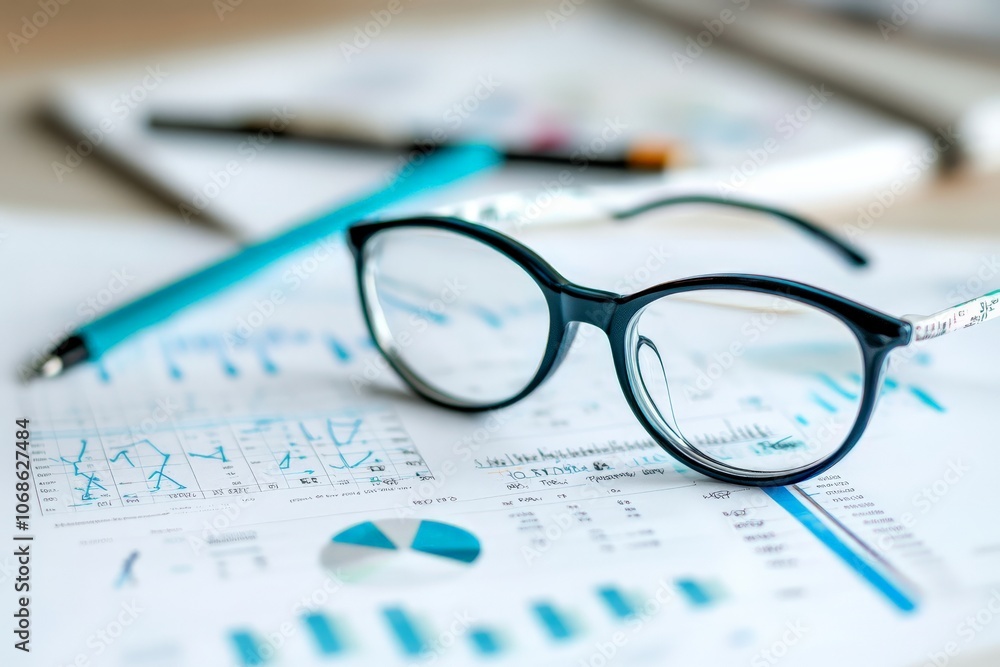 Poster a close-up view of eyeglasses placed on a spread of analytical charts and graphs with a pen, highlig
