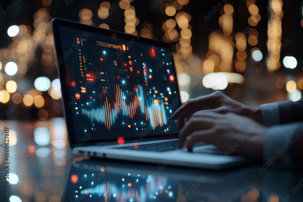 Aufkleber hands are shown typing on a laptop that displays digital graphs and numbers against a backdrop of wa