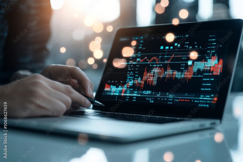 Poster a close-up of a hand holding a pen hovering over a laptop screen displaying colorful financial chart