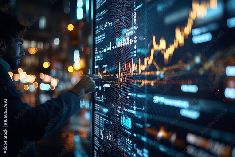 Poster an individual engages with a large interactive display, examining complex financial graphs and table