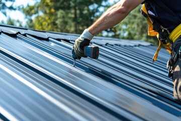 A roofer with a safety belt and a tool belt works on the roof with a screwdriver