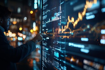 An individual engages with a large interactive display, examining complex financial graphs and tables, symbolizing innovation and digital transformation in data analysis.