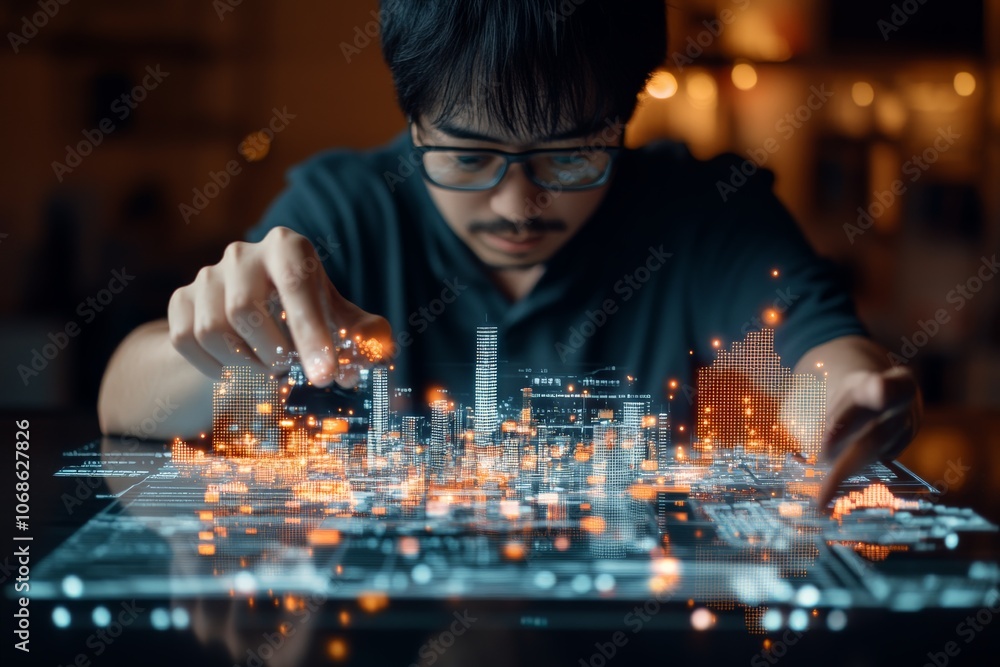 Poster a man interacts with a digital model of a city, using advanced technology to visualize urban plannin