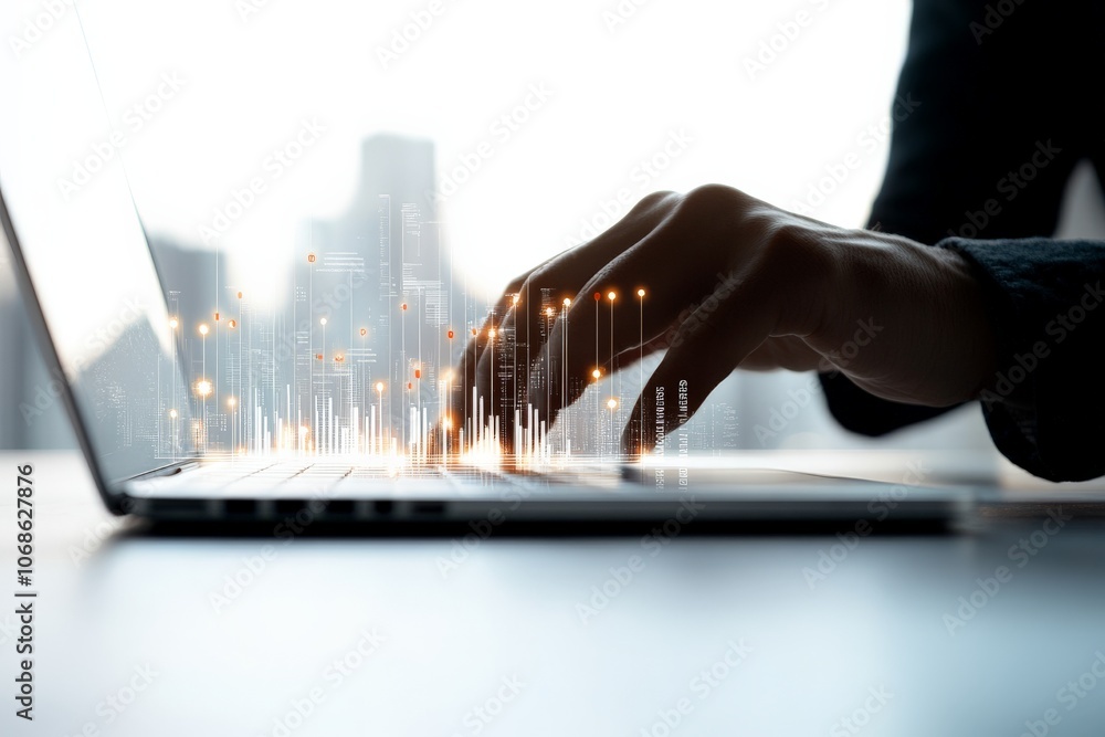 Poster a pair of hands working on a laptop with futuristic, glowing data visualizations emerging, represent