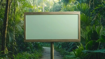 Empty billboard on a park pathway surrounded by greenery and nature, ideal for eco-friendly or nature-themed campaigns.