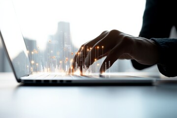 A pair of hands working on a laptop with futuristic, glowing data visualizations emerging, representing technology and data analysis in a digital age.