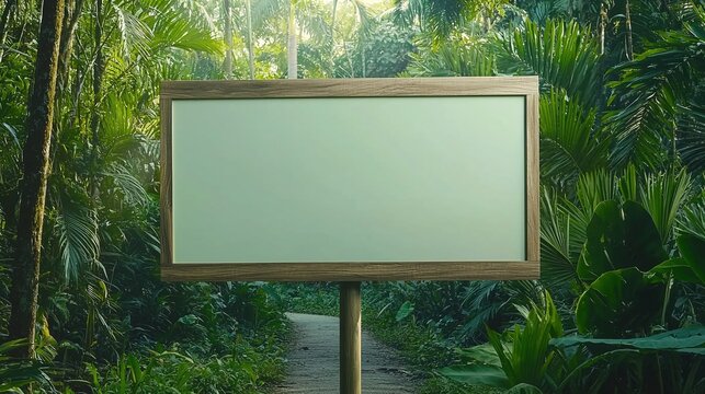 Empty billboard on a park pathway surrounded by greenery and nature, ideal for eco-friendly or nature-themed campaigns.