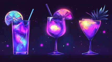 Neon Glow Cocktails - A Vibrant Set of Colorful Drinks.