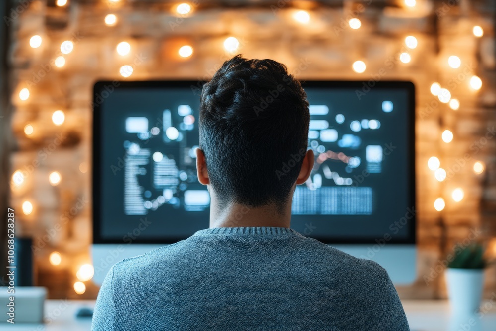 Poster a person is seated in front of a large computer screen displaying various data, with soft-focus fest