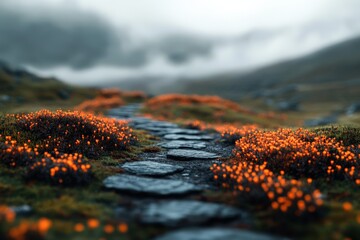Winding Ancient Stone Pathway Through Misty Vale