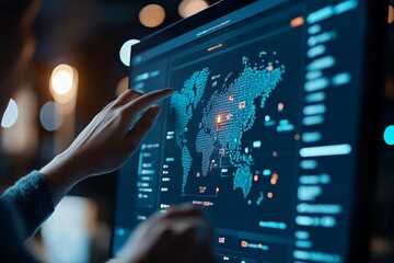 A hand interacts with an illuminated world map on a digital screen, representing global connectivity and data visualization in a tech-driven environment.