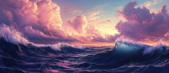 Naklejka premium Dramatic sunset over a turbulent ocean with pink and purple clouds.