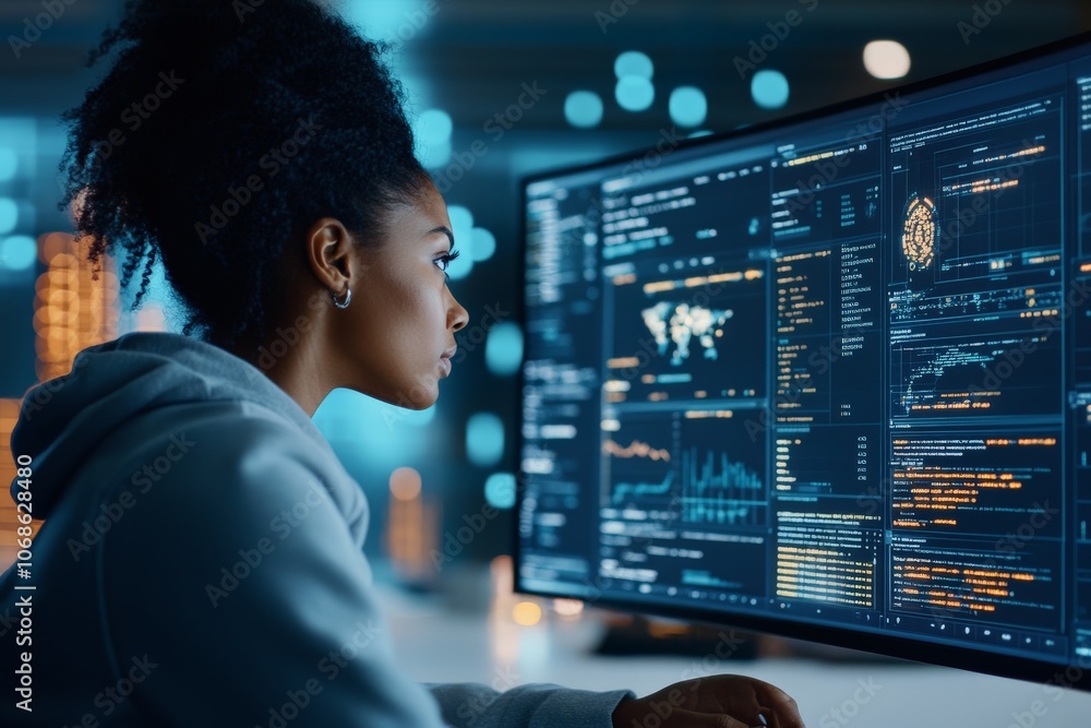 Poster a professional intensely focuses on a large screen filled with complex data and graphs, suggesting a