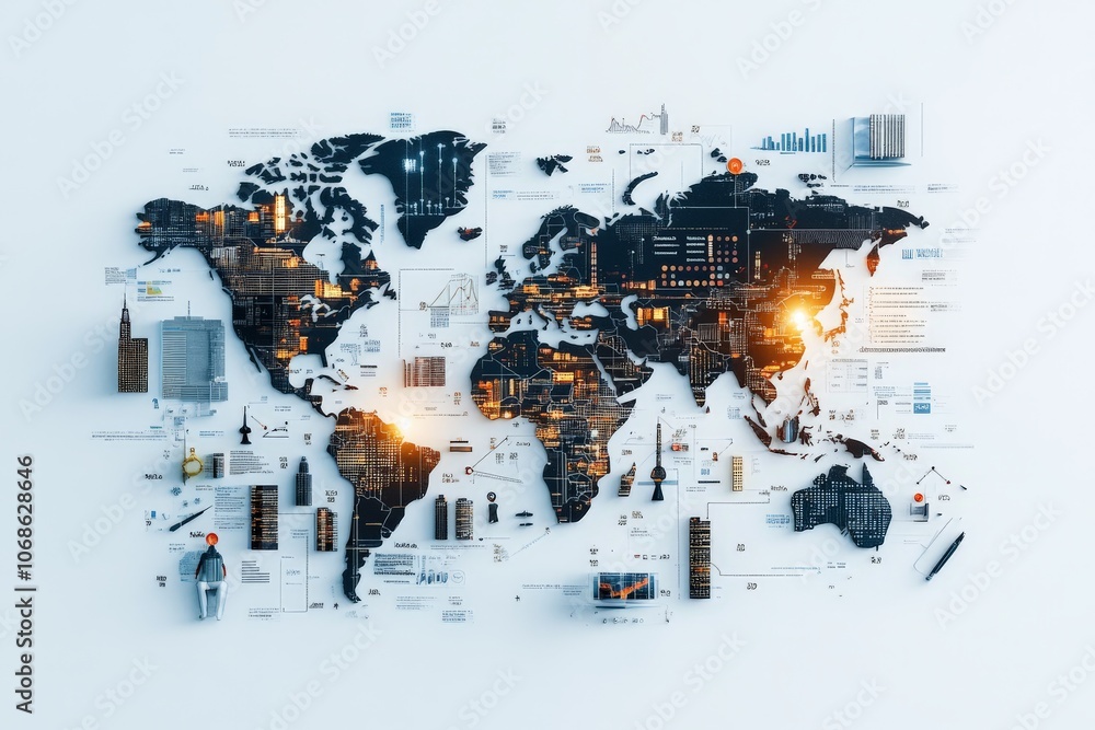 Poster a stylized world map enriched with data representations and technological elements, abstractly showc