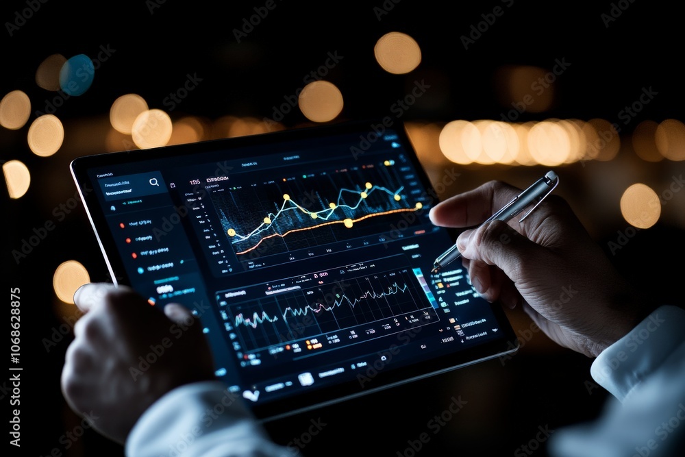 Poster a tablet screen illuminated in a dark setting shows interactive charts and data visualizations, capt