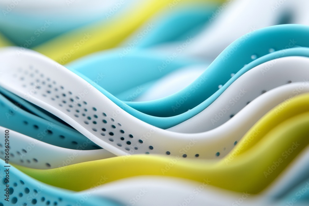 Poster fluid, abstract waves in shades of teal, white, and yellow create a dynamic and soothing pattern, em