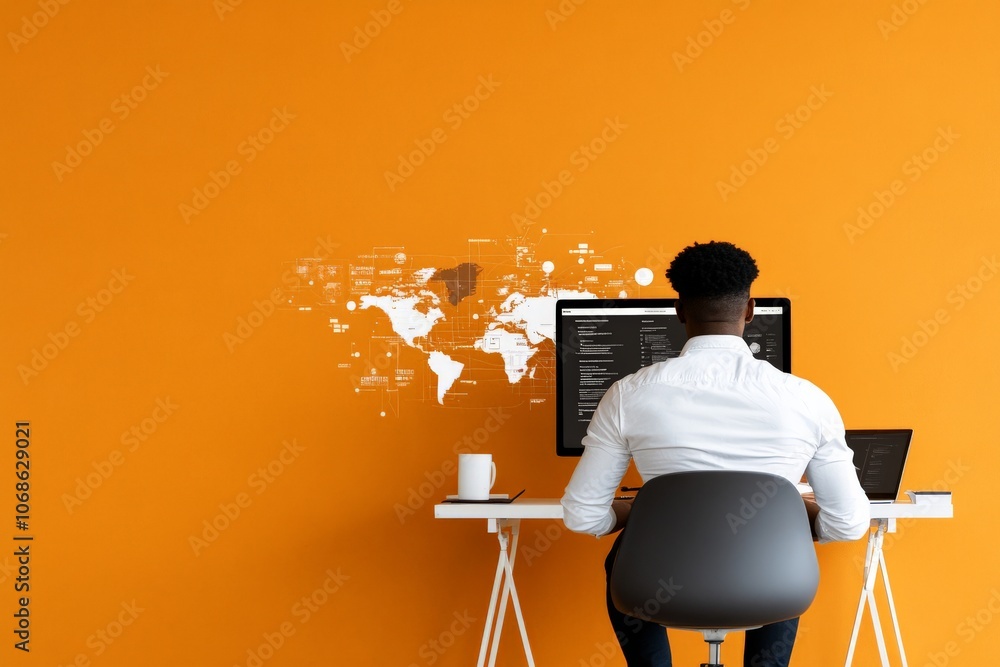 Poster a focused individual works on programming at a desk, facing dual monitors displaying a global networ
