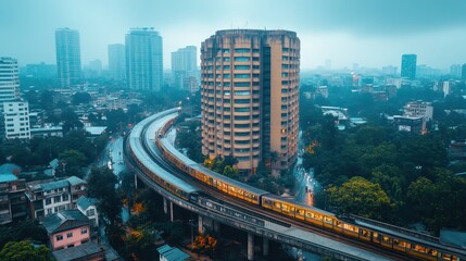 Fototapeta premium Urban Cityscape with Elevated Train and Skyscrapers on a Cloudy Day Capturing Modern Architecture and Transportation