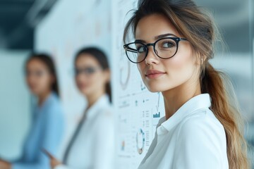 Fototapeta premium A confident woman wearing glasses stands in a meeting room, embodying leadership and professionalism in a collaborative business environment.